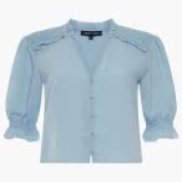 French Connection Crepe Light Cropped Top Ruffle Sleeve Blouse in Forget Me Not - Picture 4 of 7